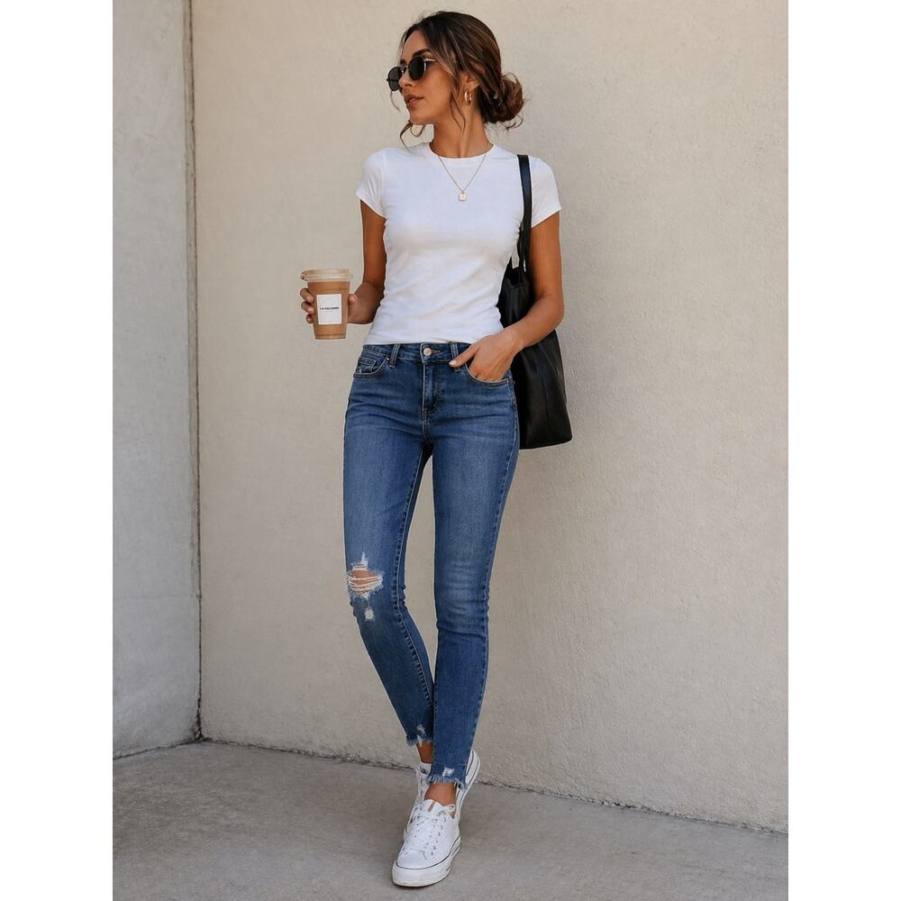 KanCan Distressed Skinny Jeans Blue Size 5/26 Raw Hem Mid Rise